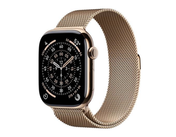 Apple Watch Series 11 with gold Milanese Loop from the Apple Store