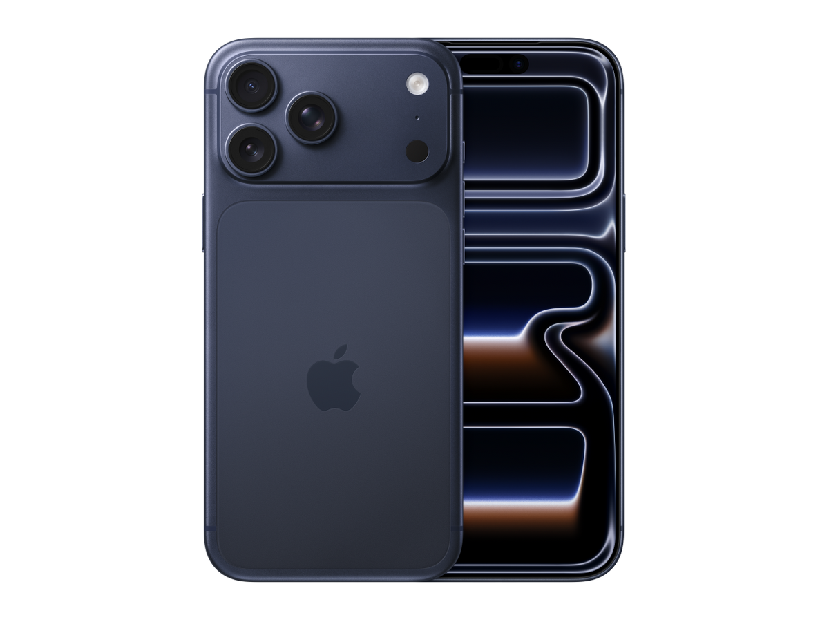 Front and back view of iPhone 17 Pro Max in deep blue from the Apple Store