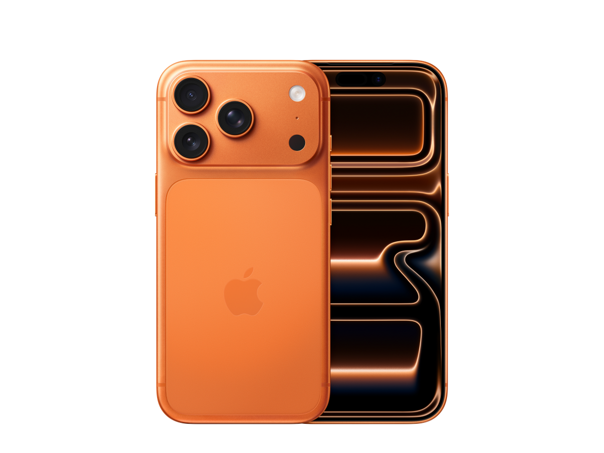 Front and back view of iPhone 17 Pro in cosmic orange from the Apple Store